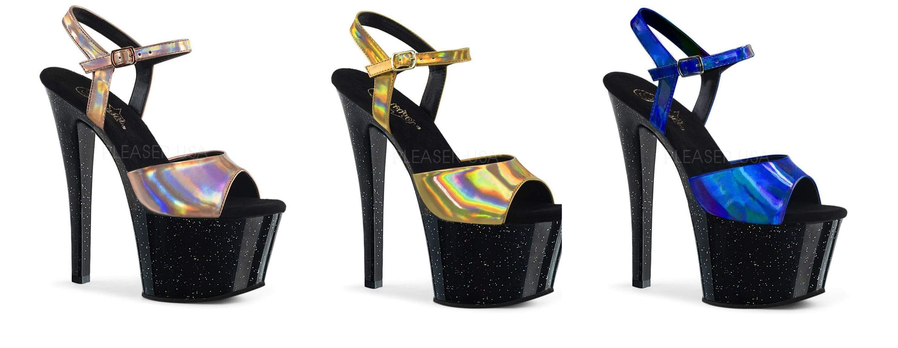 Three stunning Pleaser heels showcasing holographic designs and sparkles in the article The Pleasure is Ours.