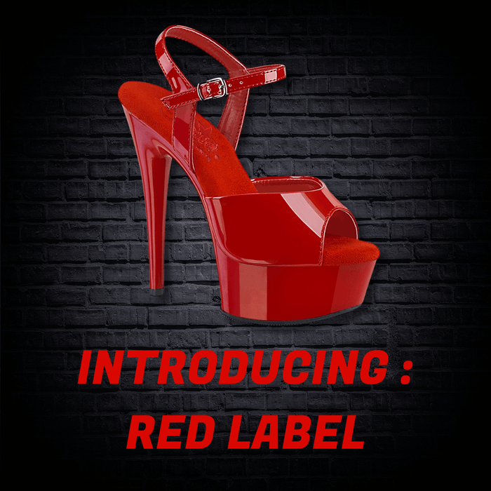 Introducing Pleaser Red Label high-heeled red shoes with a platform sole and ankle strap.