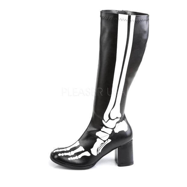 Go Go! The Perfect Boot, black knee-high Pleaser boots with skeleton design, perfect for festivals and raves.