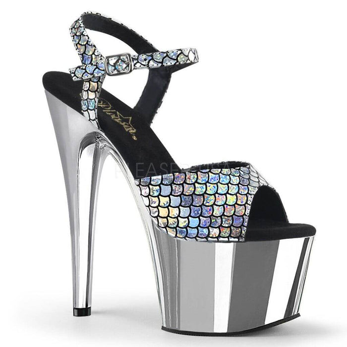 Sparkle and Shine June 2018 - Chrome holographic high heel platform sandal with rhinestones.