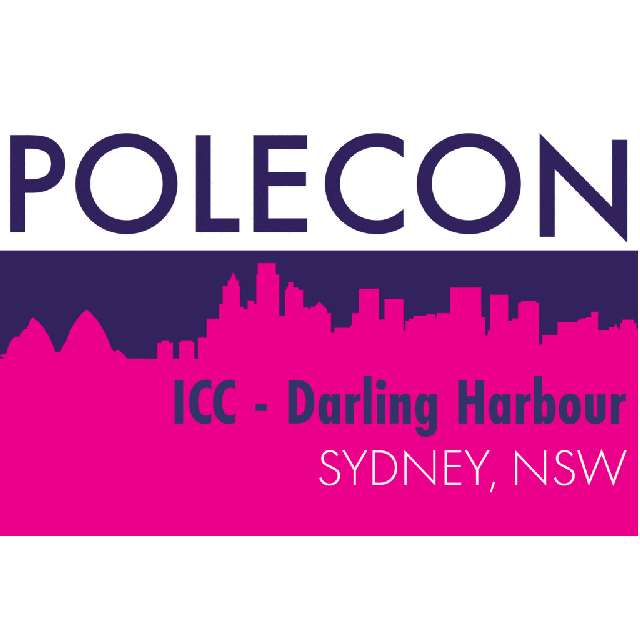 PoleCon Australia! logo featuring ICC Darling Harbour in Sydney, NSW with vibrant colors and city skyline design.