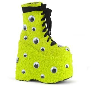 Funky Demonia platforms in bright green with googly eyes, perfect for festival or rave style fans. Into The Darkness.