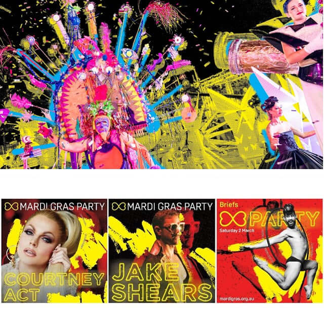 Vibrant scene from Mardi Gras 2019 featuring performers and party posters of Courtney Act, Jake Shears, and festival energy.