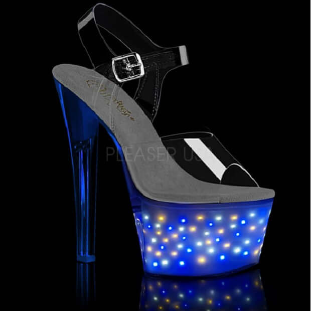 Footwear of the future: LED-illuminated Pleaser high heels perfect for festival and rave style.