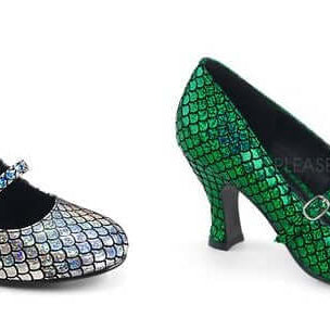 Style Inspo - The Little Mermaid - Glamorous sparkling heels in silver and green, perfect for Halloween styles.