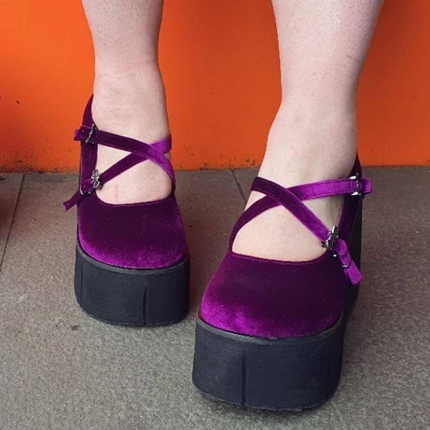 Halloween Countdown Creepy Creepers with purple velvet platform shoes, perfect for festival or rave adventures.