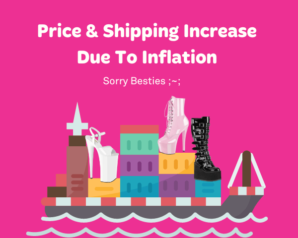 Price & Shipping Increase Due To Inflation with colorful shipping containers and shoes on a pink background.