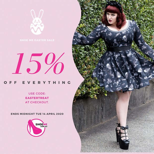 Easter Sale and Pleaser Updates! banner with model showcasing 15% off everything at Shoe Me. Use code EASTER TREAT.