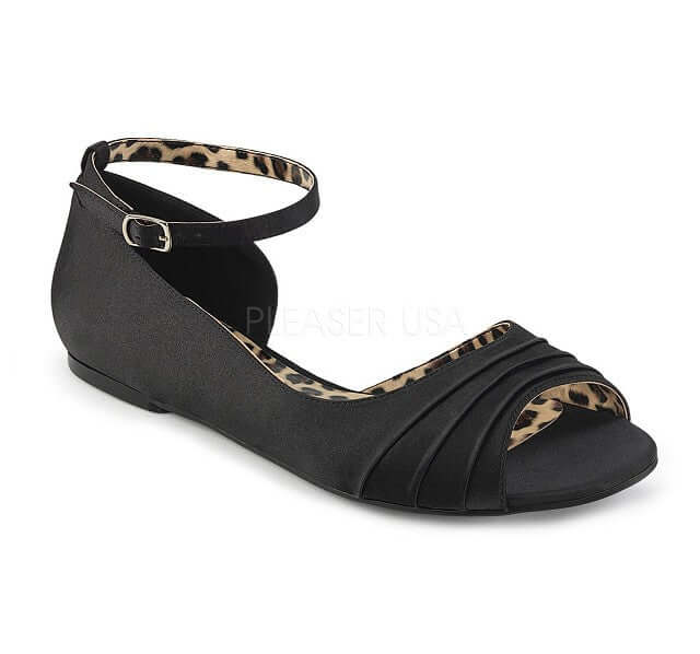 The Perfect Flats: Stylish Pleaser black flats with leopard print interior, perfect for any festival or rave.