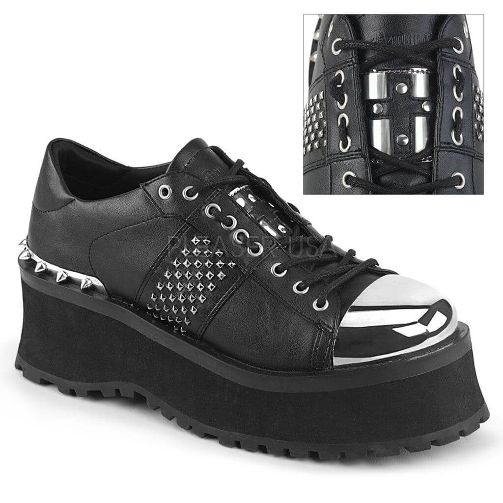 Unisex Styles: Trendy Demonia black platform shoes with studs and a shiny toe, perfect for casual or gothic looks.