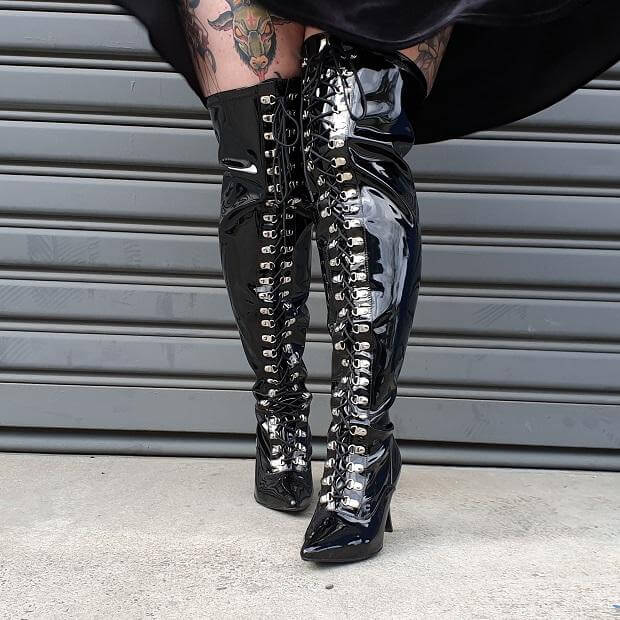 Dominate: Stunning lace-up black Fantasma Thigh High Boots perfect for pole dance, rave, and festival fashion.