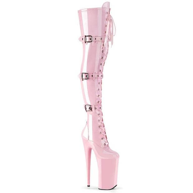 Bubble Gum Pop! Stunning pink PVC thigh high boots for pole dance, raves, and alternative fashion by Shoe Me.