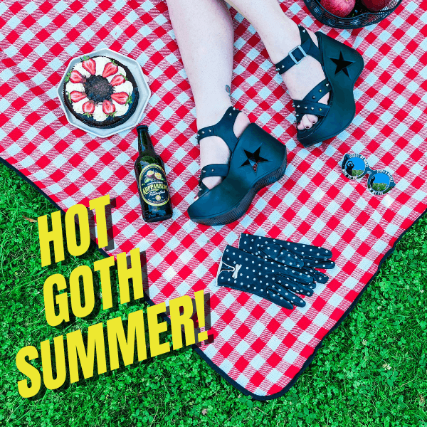Stylish footwear and accessories for Hot Goth Summer Styles displayed on a picnic blanket.