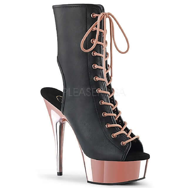 Lace Me Up: Stunning Pleaser black lace up boots with high heel, perfect for festival or rave outfits.