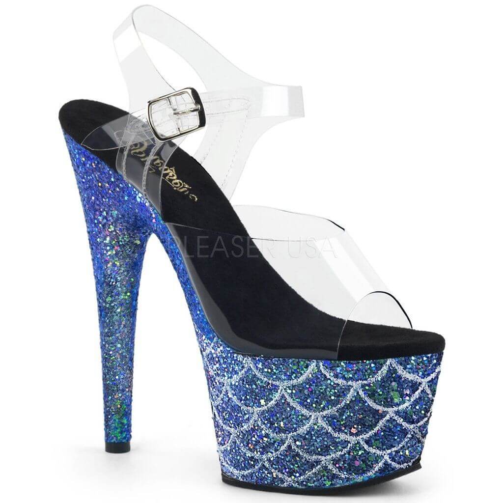 Mermaids, Skulls and Sparkles - Blue glitter Pleaser heels with clear straps for pole dance and festival fun.