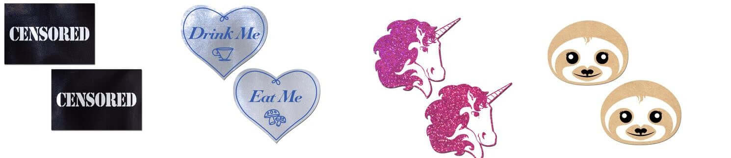 Colorful festival accessories featuring unicorns, sloths, and playful 'Drink Me' and 'Eat Me' hearts.