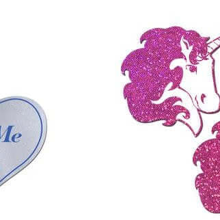 Colorful festival accessories featuring unicorns, sloths, and playful 'Drink Me' and 'Eat Me' hearts.