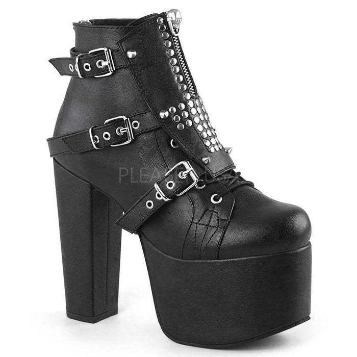 New Demonia Darkness black heeled boots with buckles and studs, perfect for festivals and raves.