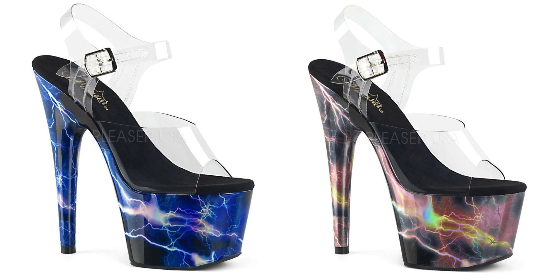 The Perfect Storm platforms by Pleaser featuring lightning designs, perfect forPole Dance, festivals, and rave events.