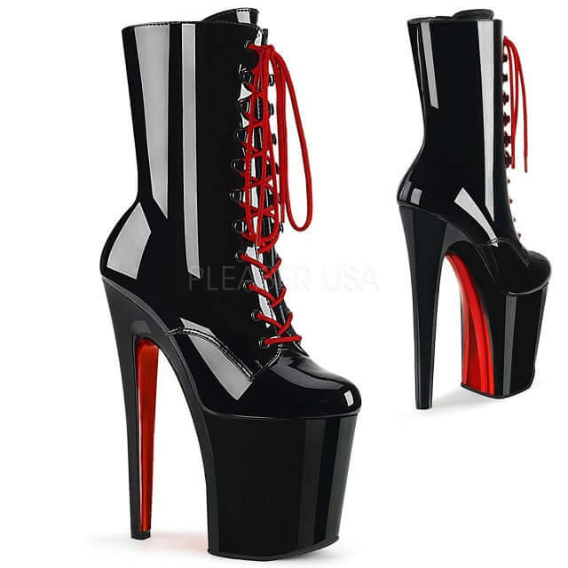 Simply Sleek Pleaser platform bootie featuring black PU and red chrome details, perfect for pole dance and rave fashion.