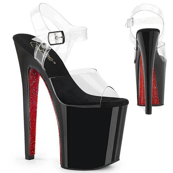 Clearly Needed: Stunning clear Pleaser platforms with glittery red heels, perfect for pole dance and festival fashion.
