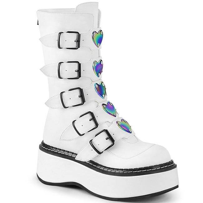 New Demonia Arrivals December 2019: Stylish white platform boot with heart-shaped buckles.