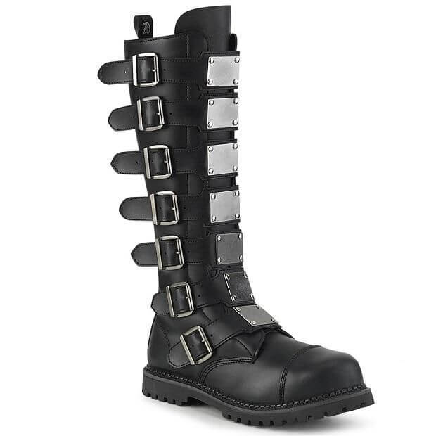New Arrivals from Demonia black buckle knee-high boots for alternative festivals and raves by Shoe Me.