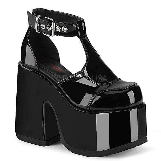 Style Spotlight - Demonia Camel chunky black platform heels with star accents for festivals and alternative events.