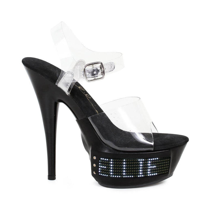 Read My Heels! Stunning black and clear Ellie Shoes high heels with LED display for bold pole dance and rave looks.