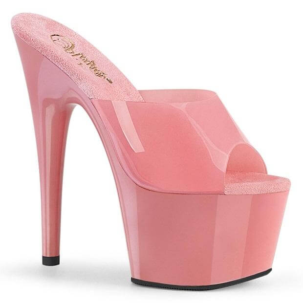 Adore, Adore! stylish pink slide with a 7 inch heel and 2 3/4 inch platform, perfect for dancing and festivals.