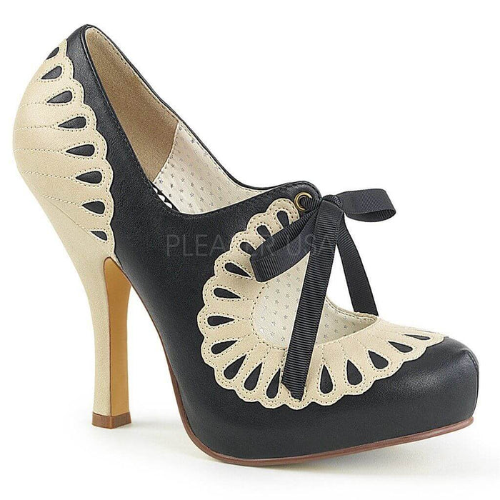What's new pussycat March 2018 - Stylish Pleaser heels in black and cream with decorative cutouts and a chic bow.