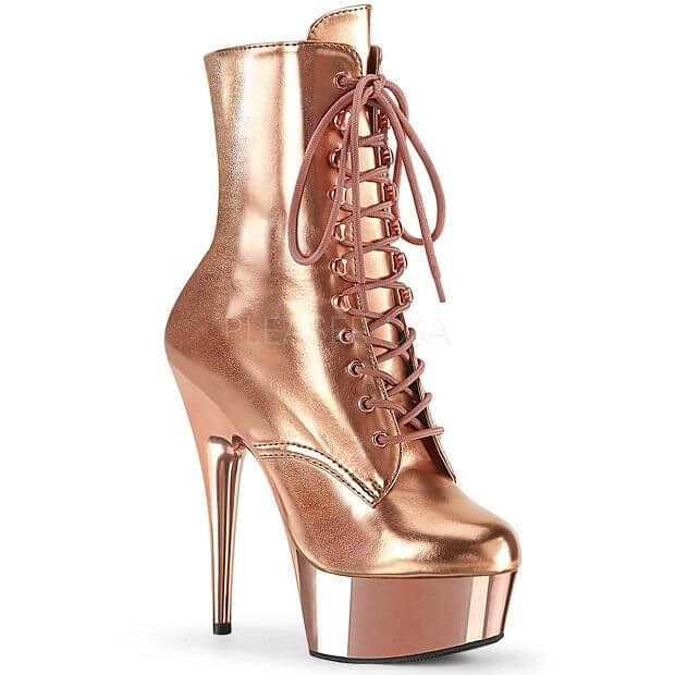 New Stock Alert!! Stunning rose gold Pleaser boots perfect for festivals and raves, showcasing alternative style and trendy pole dance fashion.