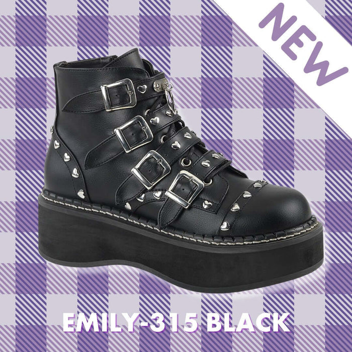 New Style - EMILY-315 black vegan leather boots with studs and buckles on a plaid background.