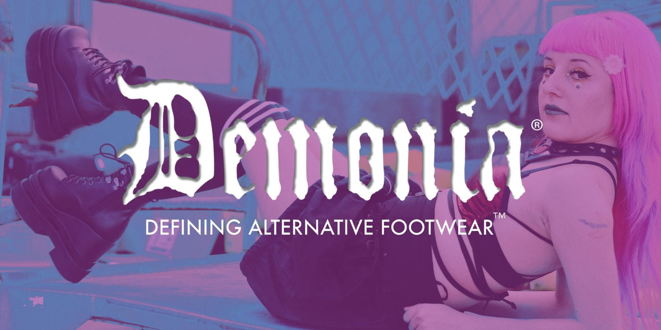 Demonia platform boots showcased with alternative footwear slogan, perfect for unique style and self-expression.