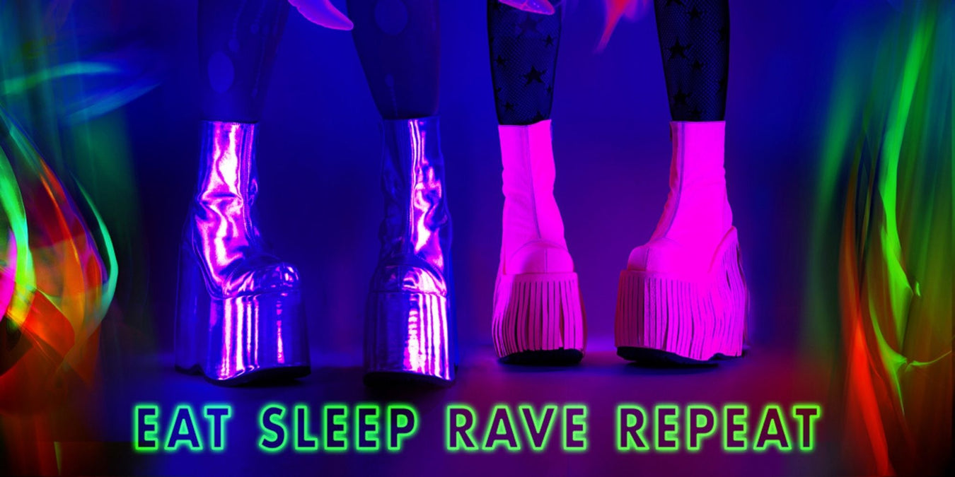 Festival & Rave Footwear featuring vibrant platform boots in a neon setting with the phrase 'Eat Sleep Rave Repeat'.