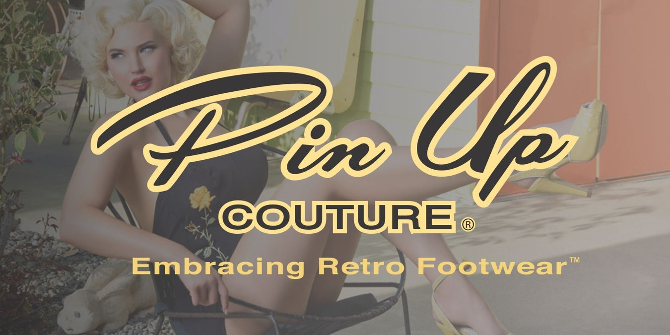 Vintage styled logo for Pin Up Couture Shoes showcasing retro footwear in a glamorous setting.