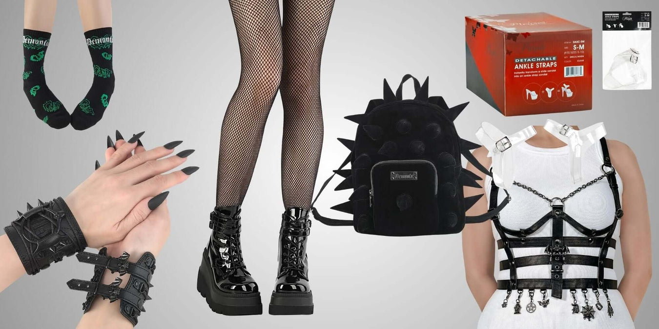 Clothing and Accessories collection featuring stylish ankle straps, fishnet tights, combat boots, and accessories.