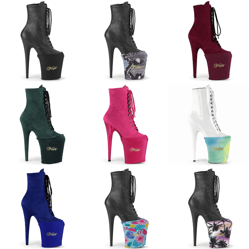 Collage of high-heeled platform boots in various colors on a white background