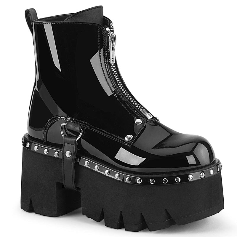 Demonia ASHES-100 Ankle Boot (Black Patent-Vegan Leather)