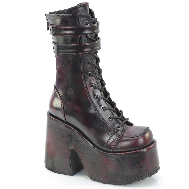 Demonia CAMEL-250 Black-Burgundy Rub-Off Vegan Leather Mid-Calf Boot
