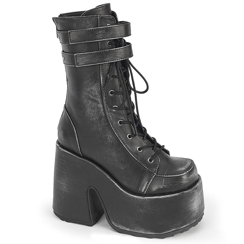 Demonia CAMEL-250 Black-Silver Rub-Off Vegan Leather Mid-Calf Boot