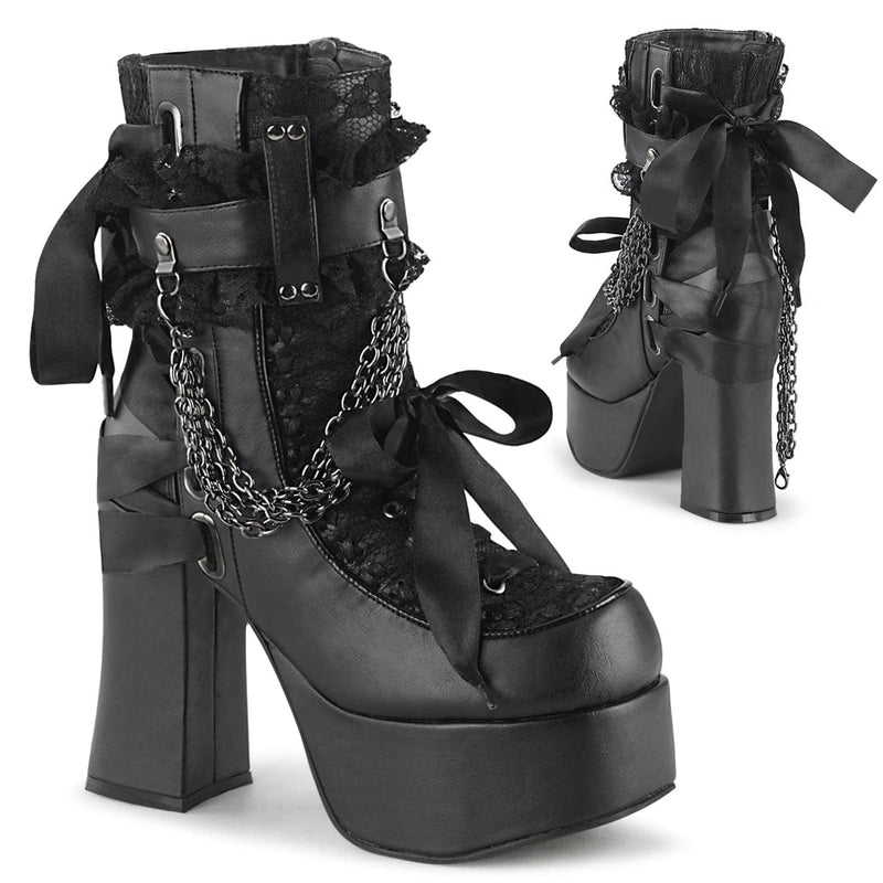 Demonia CHARADE-110 Ankle Boot (Black Vegan Leather-Lace Overlay)