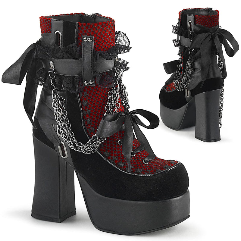 Demonia CHARADE-110 Ankle Boot (Black Vegan Leather-Red-Black Velvet-Fishnet Overlay)