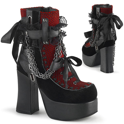 Demonia CHARADE-110 Ankle Boot (Black Vegan Leather-Red-Black Velvet-Fishnet Overlay)