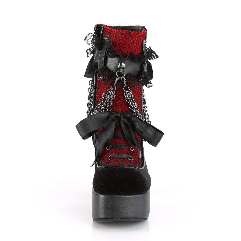 Demonia CHARADE-110 Ankle Boot (Black Vegan Leather-Red-Black Velvet-Fishnet Overlay)