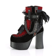 Demonia CHARADE-110 Ankle Boot (Black Vegan Leather-Red-Black Velvet-Fishnet Overlay)
