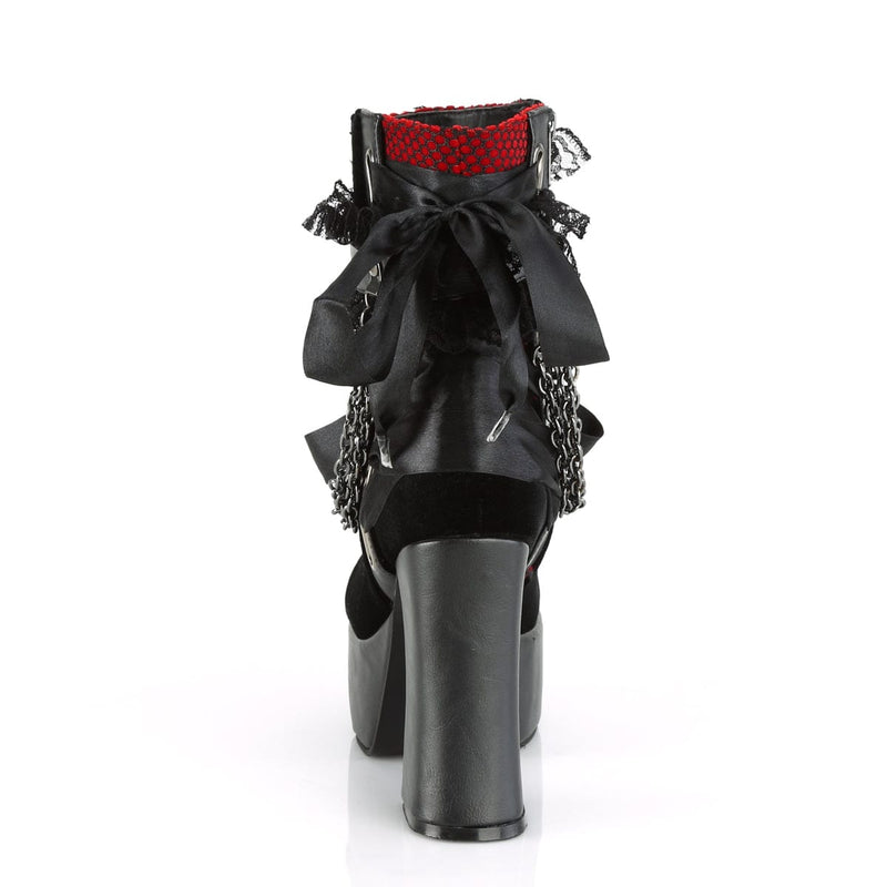 Demonia CHARADE-110 Ankle Boot (Black Vegan Leather-Red-Black Velvet-Fishnet Overlay)