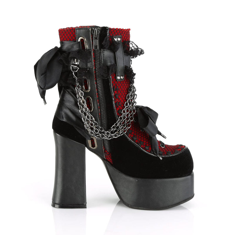 Demonia CHARADE-110 Ankle Boot (Black Vegan Leather-Red-Black Velvet-Fishnet Overlay)