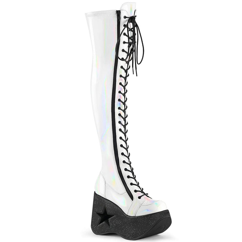 Demonia DYNAMITE-300 Thigh High Boot (White Stretch Holo) 6