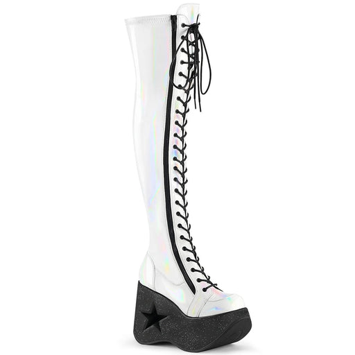 Demonia DYNAMITE-300 Thigh High Boot (White Stretch Holo) 6